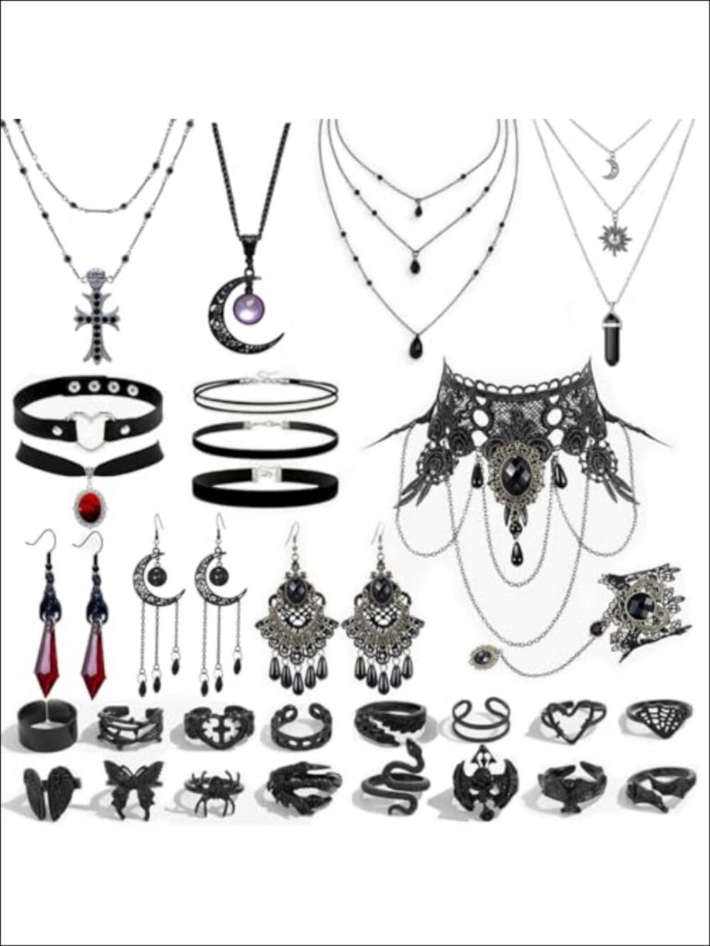 Gothic Jewelry Set 37Pcs Necklaces Chokers Pendants Rings Earrings Alloy